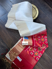 Pure Raw Silk Sambalpuri ikat  - Off-White Red