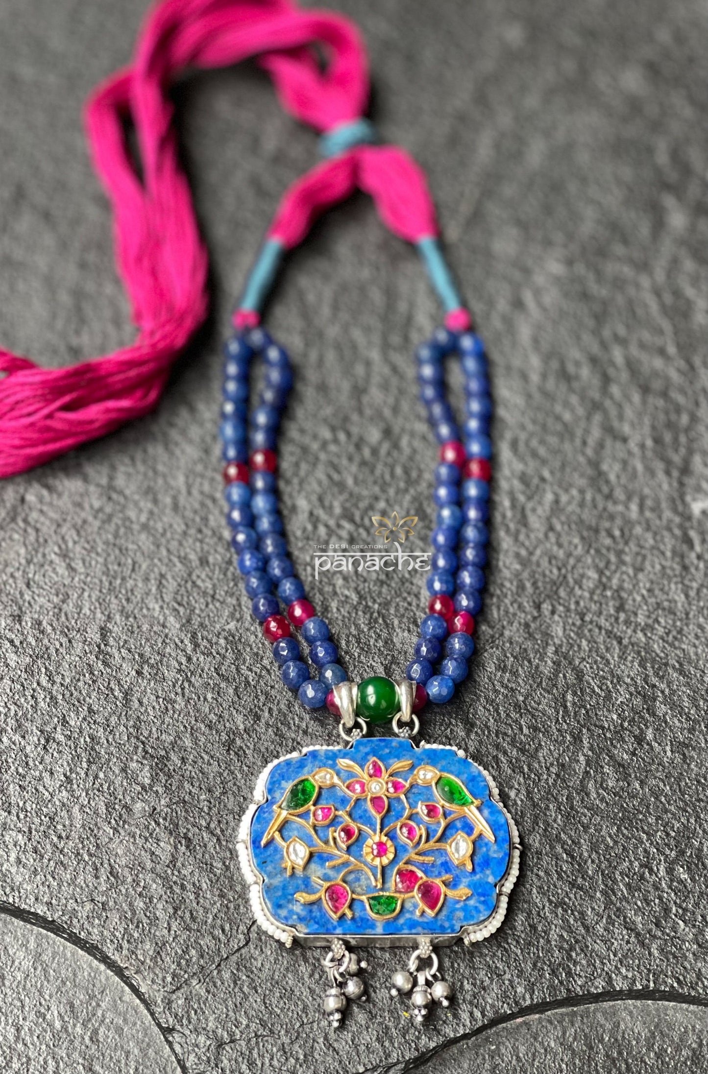Silver 92.5 Beaded Necklace - Lapis Inlay Pendant