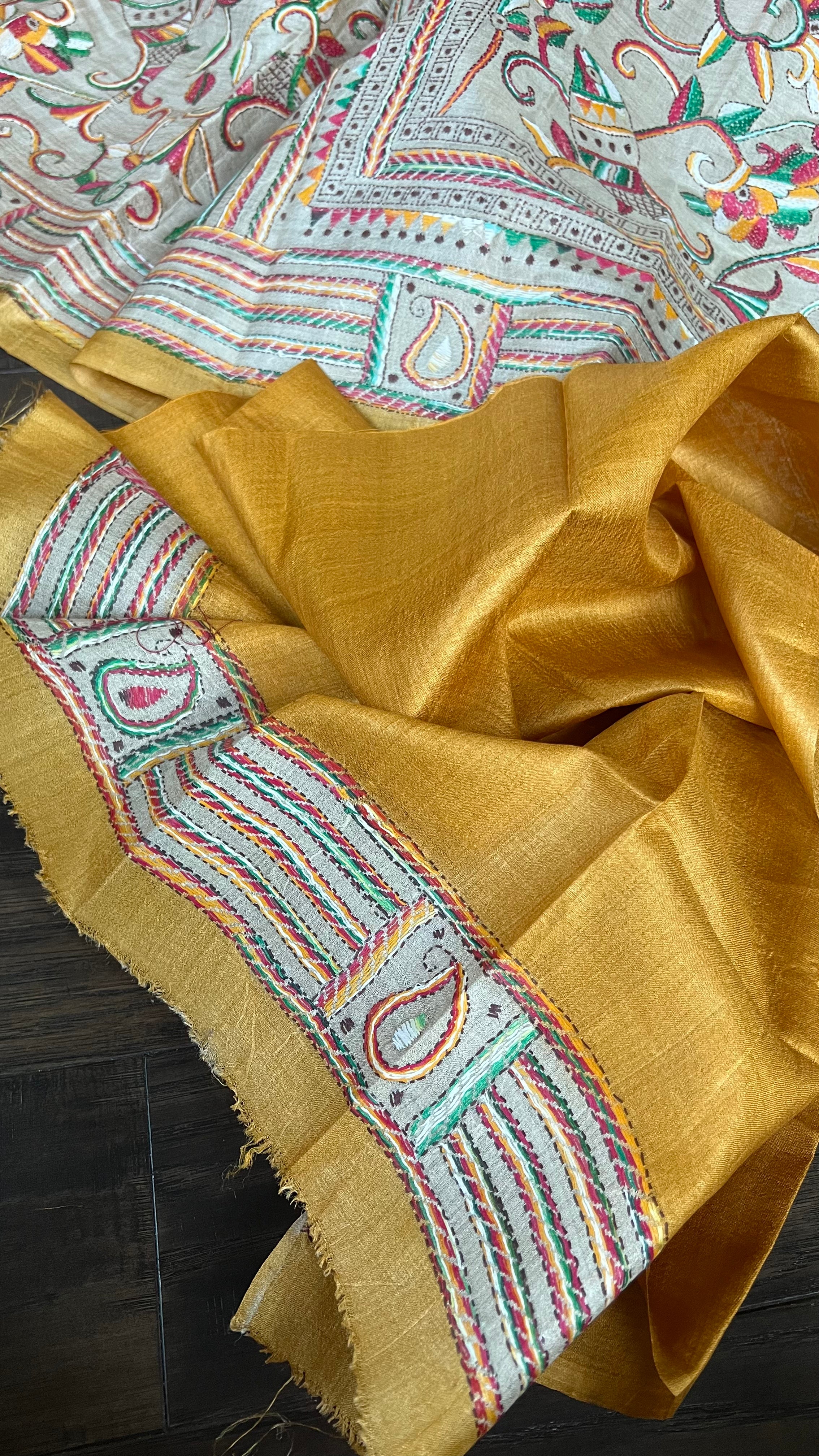 Pure Tussar Silk Kantha Stitch -  Yellow Fish