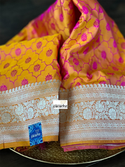 Pure Silk Mashru Silk Banarasi- Mustard Yellow Pink