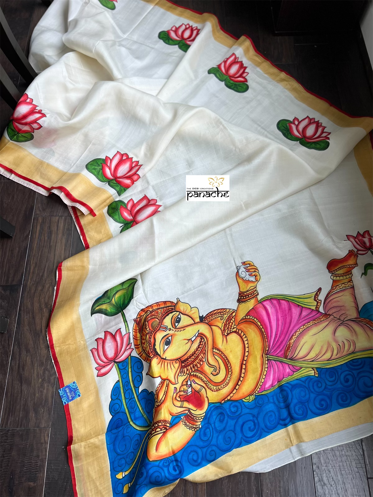 Hand Painted Tussar Silk - Cream White Ganesha