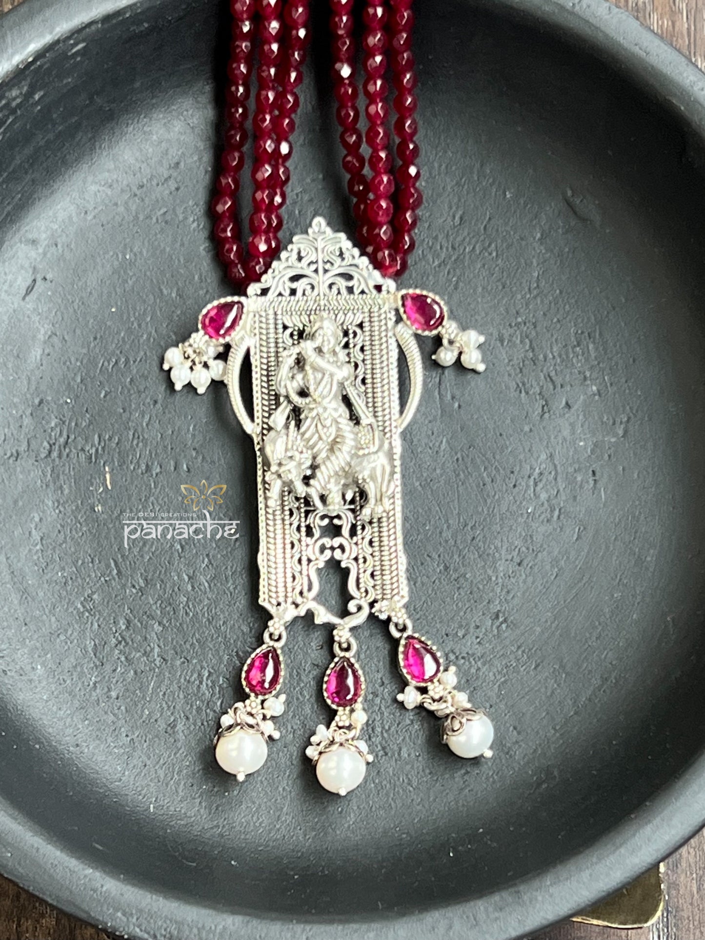 Silver Beaded Necklace - Krishna Pendant