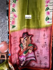 Hand Painted Tussar Silk - Mehendi Green Ganesha