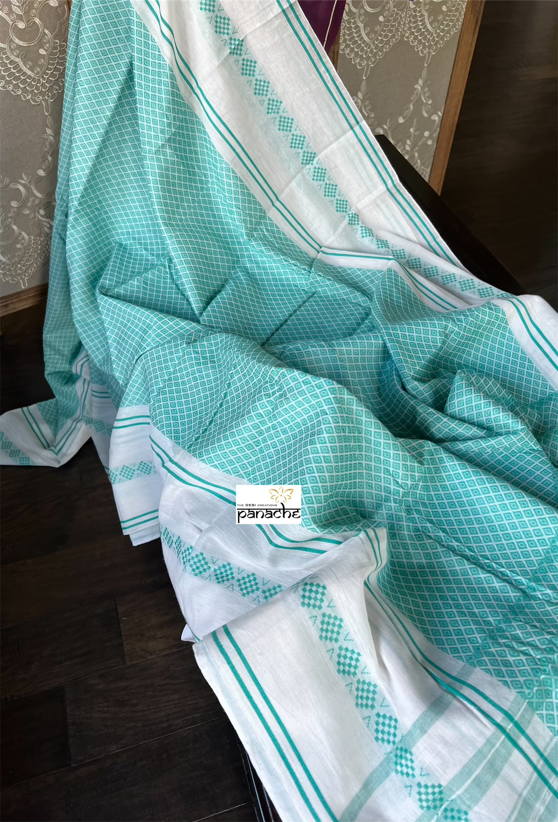 Dhonekhali Cotton Saree - Off-White Sea Green