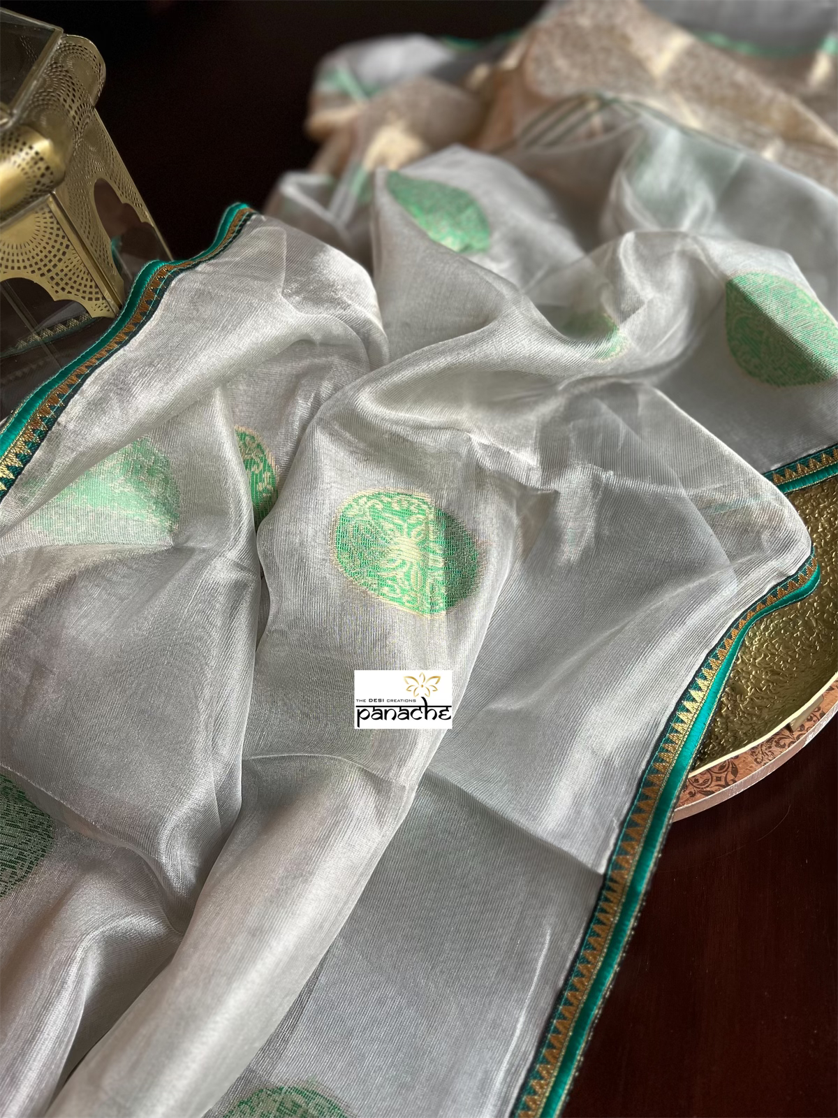 Pure Tissue Silk - Silver Body Green Motif