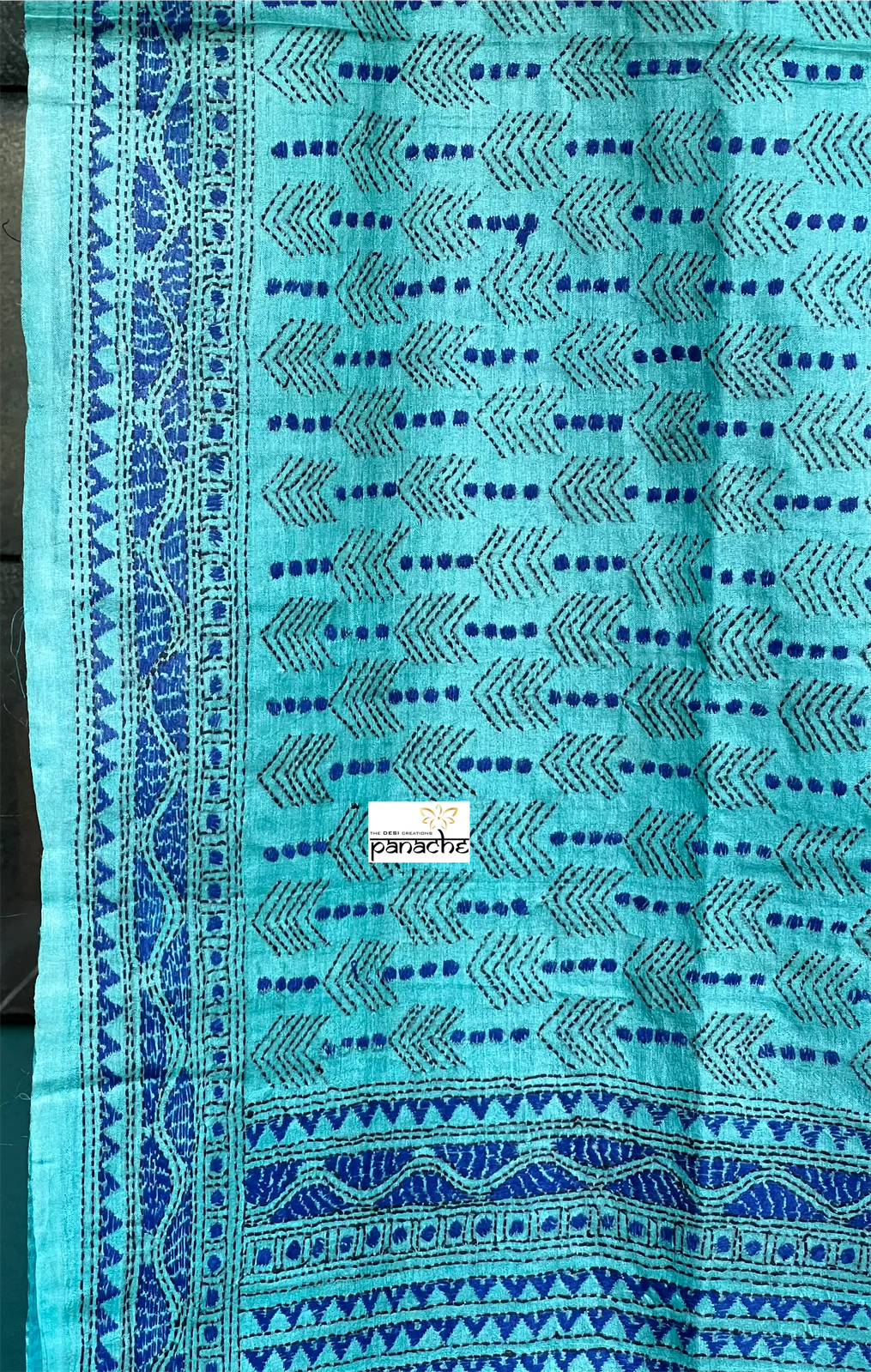 Pure Tussar Silk Kantha Stitch -  Firozi Blue