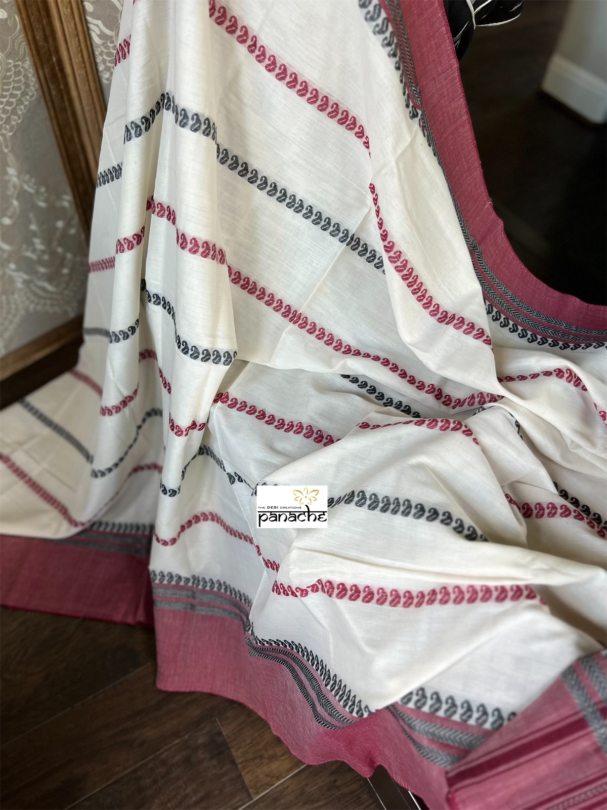 Dhonekhali Cotton Saree - White Maroon Black