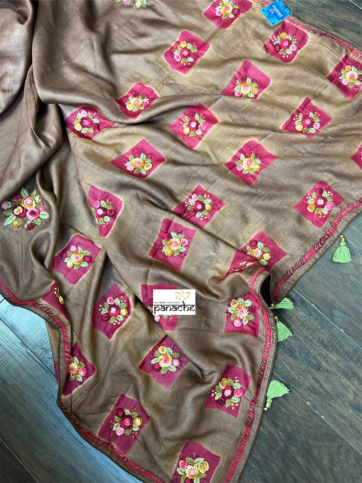 Pure Tussar Silk - Rusty Brown Embroidered