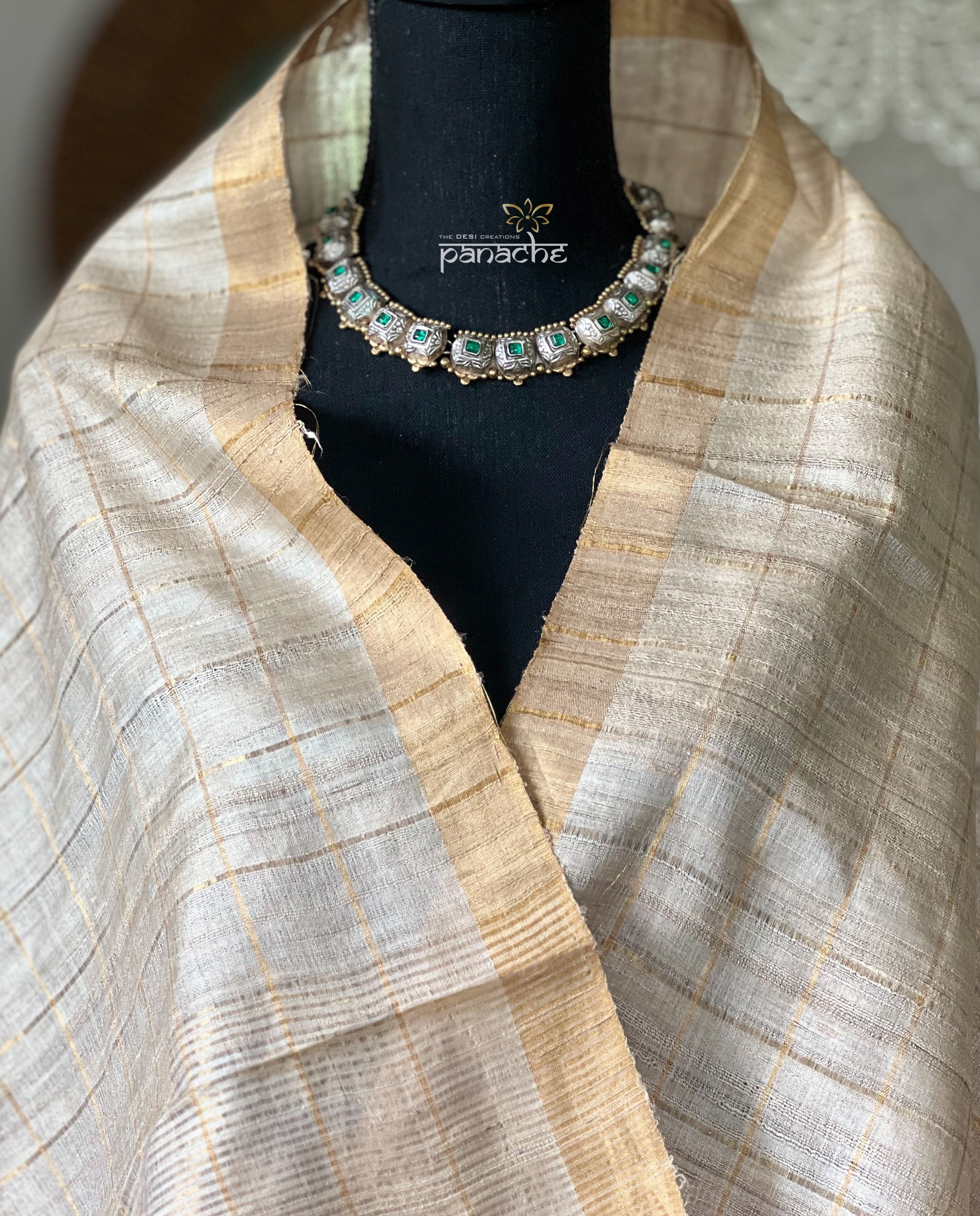 Tussar Silk - Beige Golden Zari checks