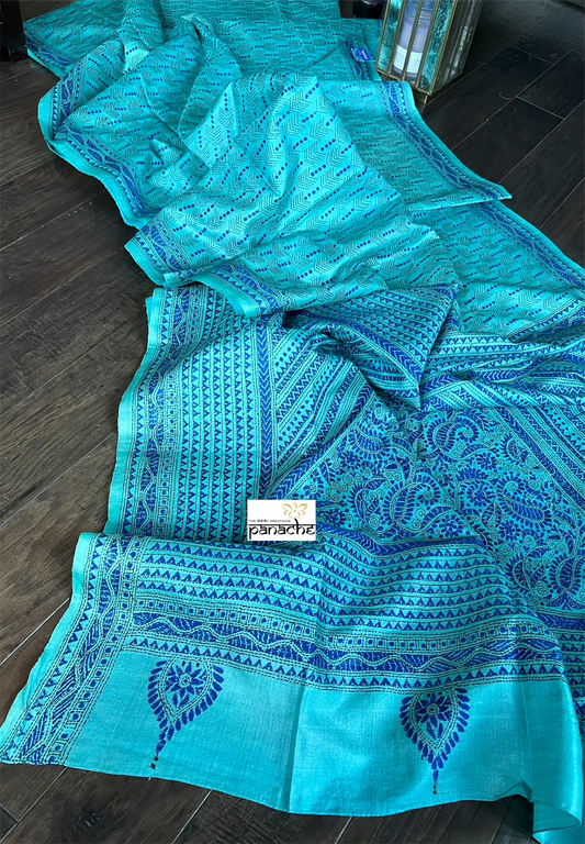 Pure Tussar Silk Kantha Stitch -  Firozi Blue