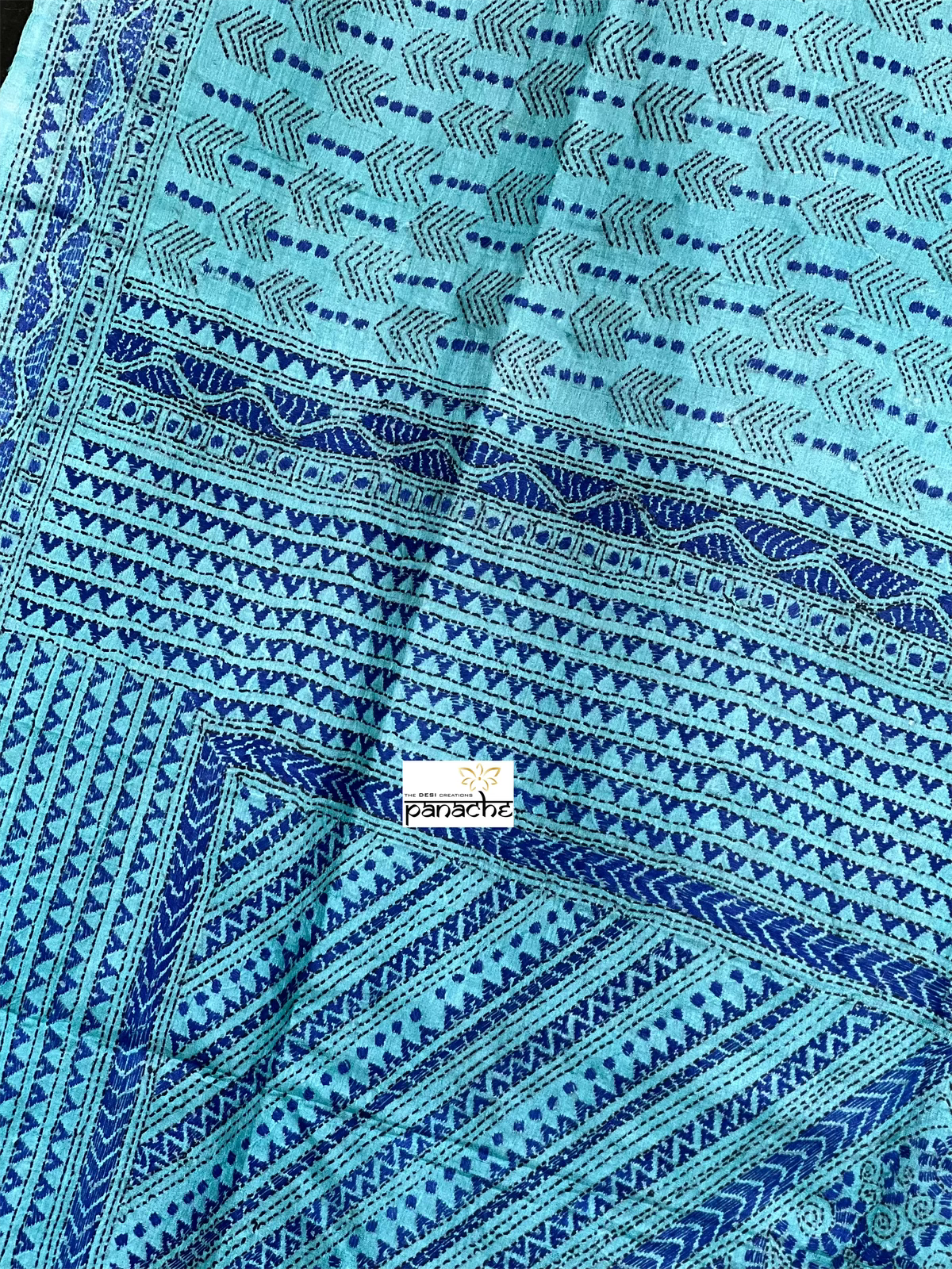 Pure Tussar Silk Kantha Stitch -  Firozi Blue
