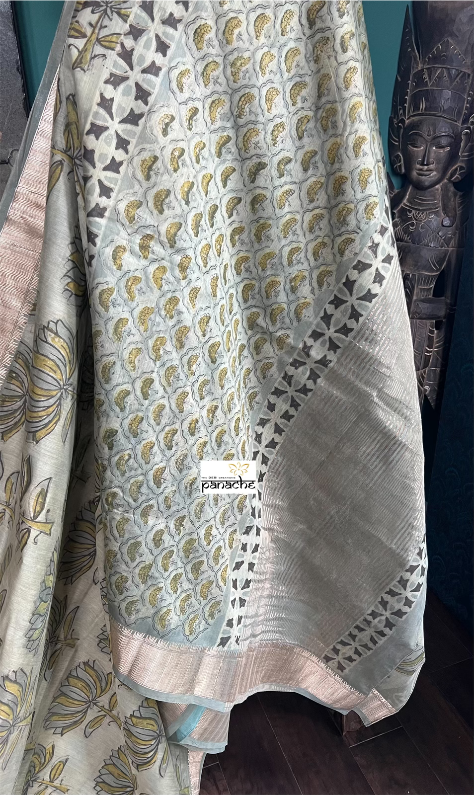 Pure Maheshwari Silk Mud Print - Light Moss Green lotus