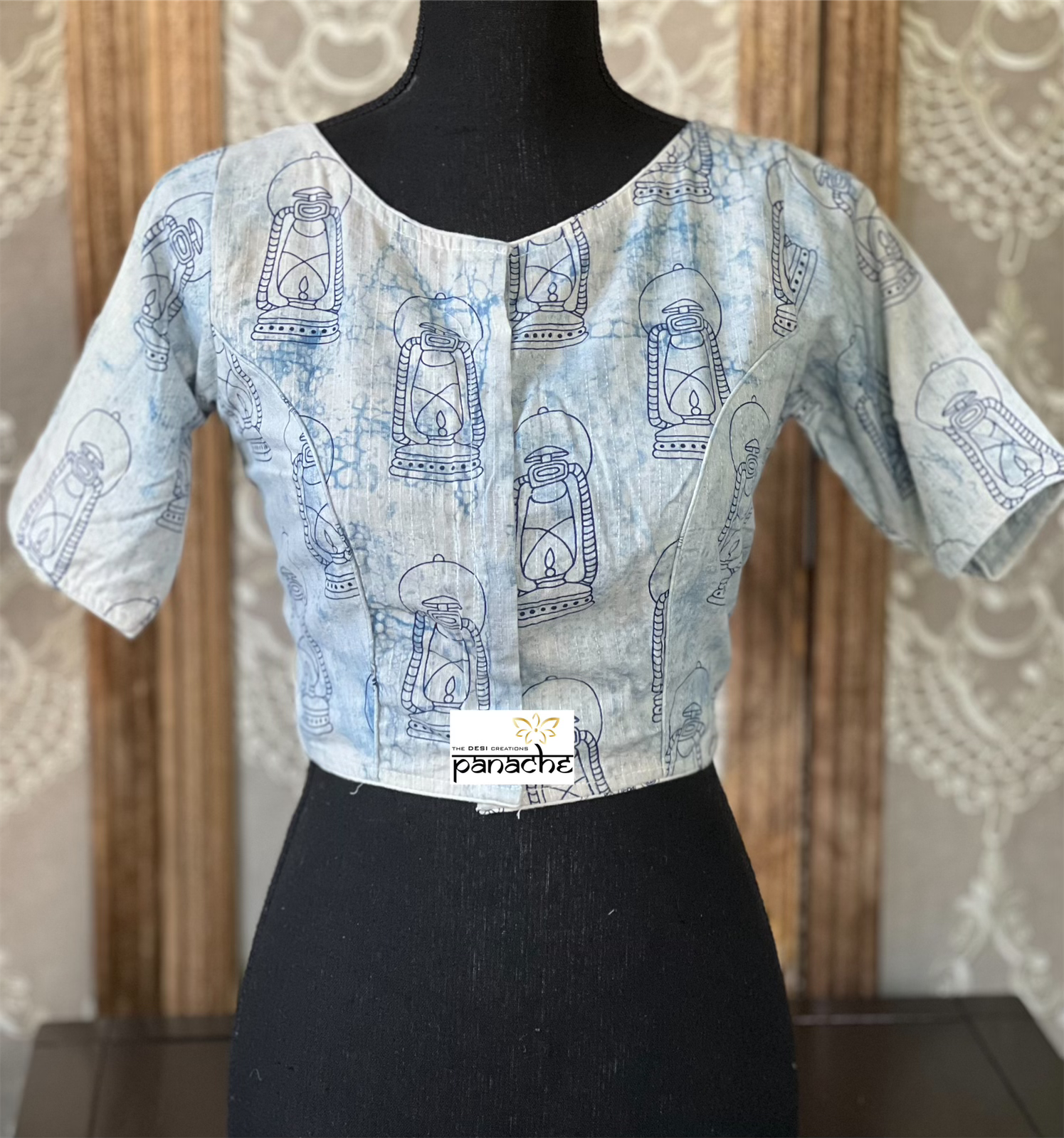 Designer Blouse - Grey Blue Lantern