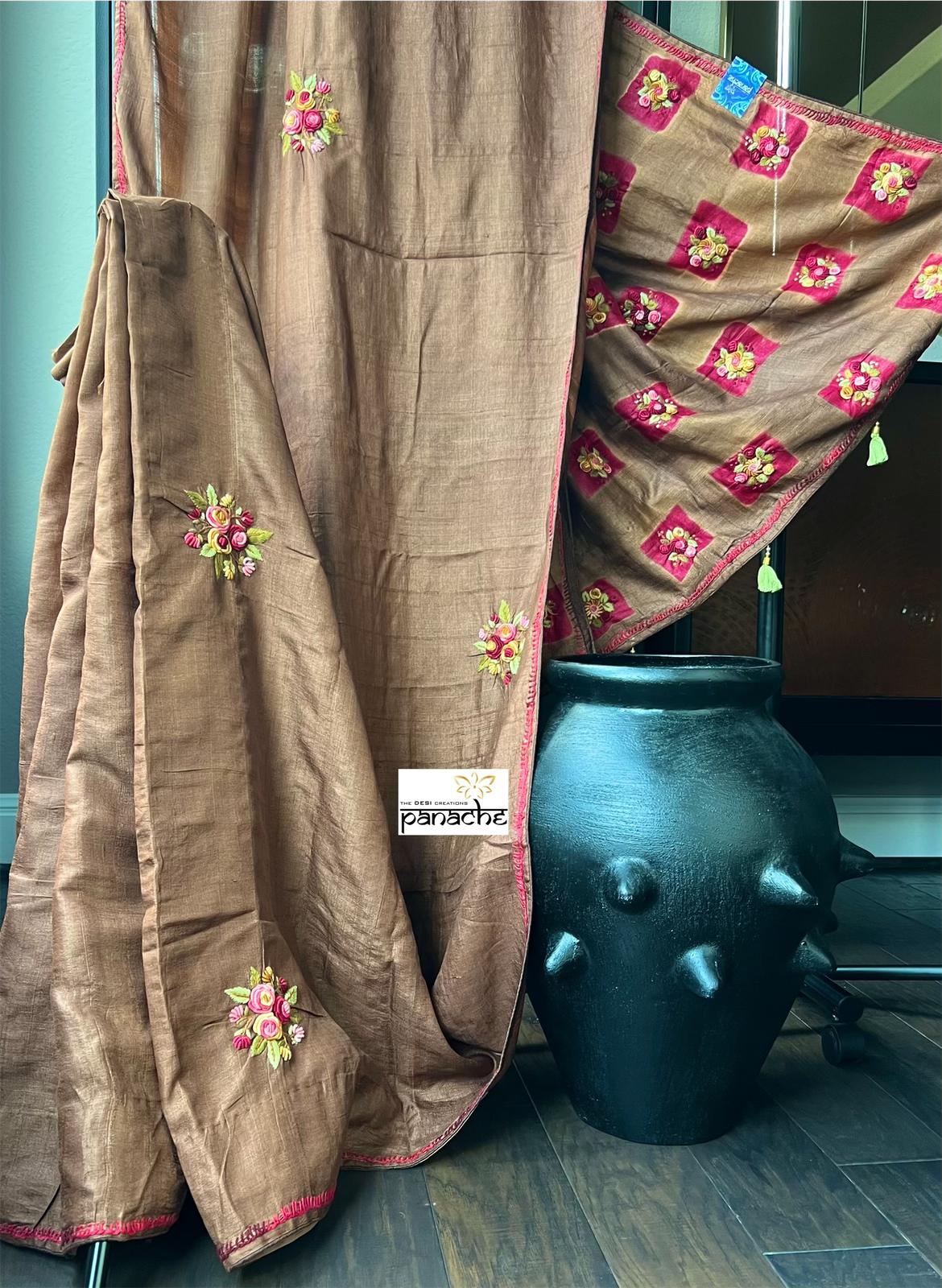Pure Tussar Silk - Rusty Brown Embroidered