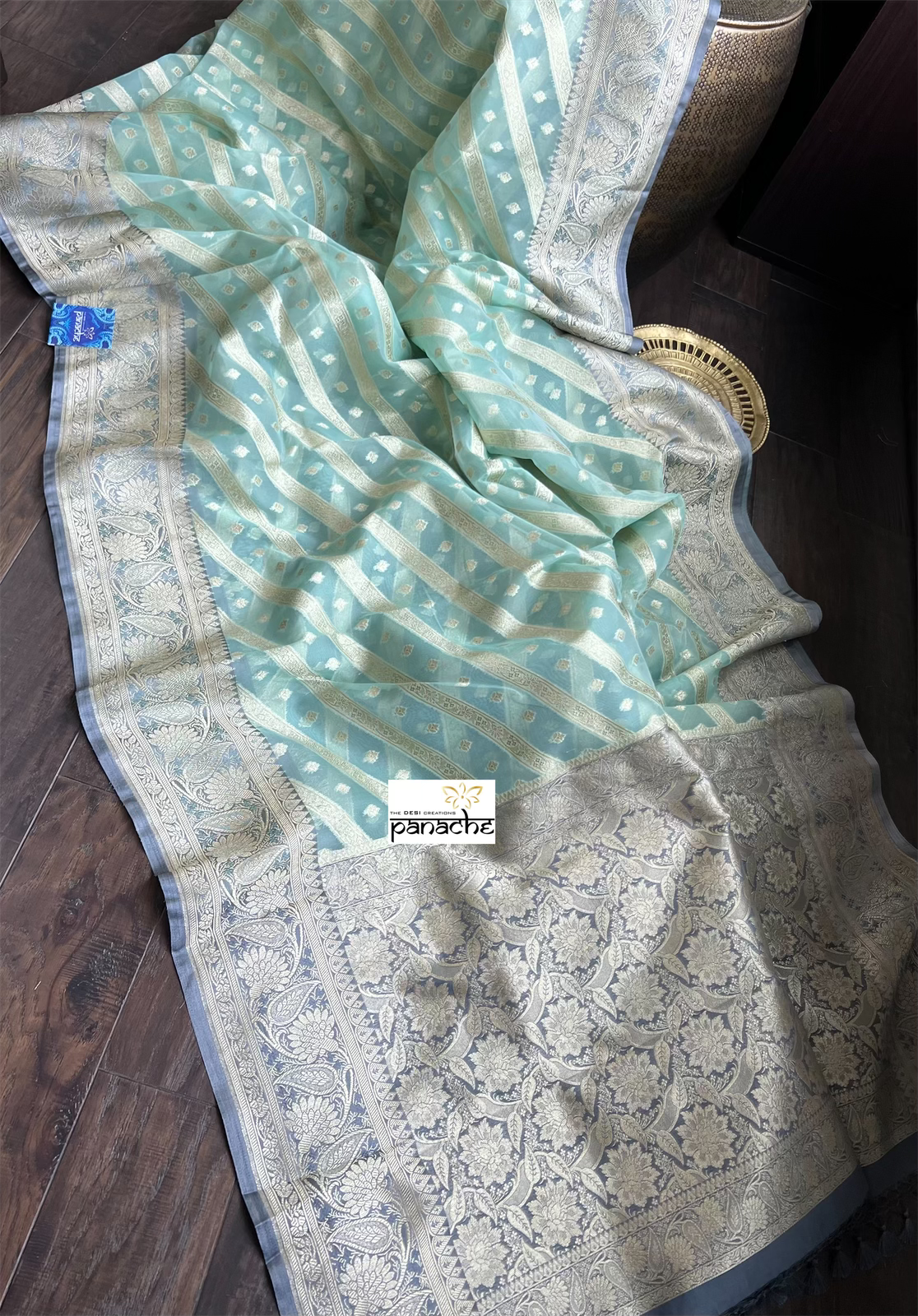 Kora Silk Banaras Chanderi - Mint green Grey