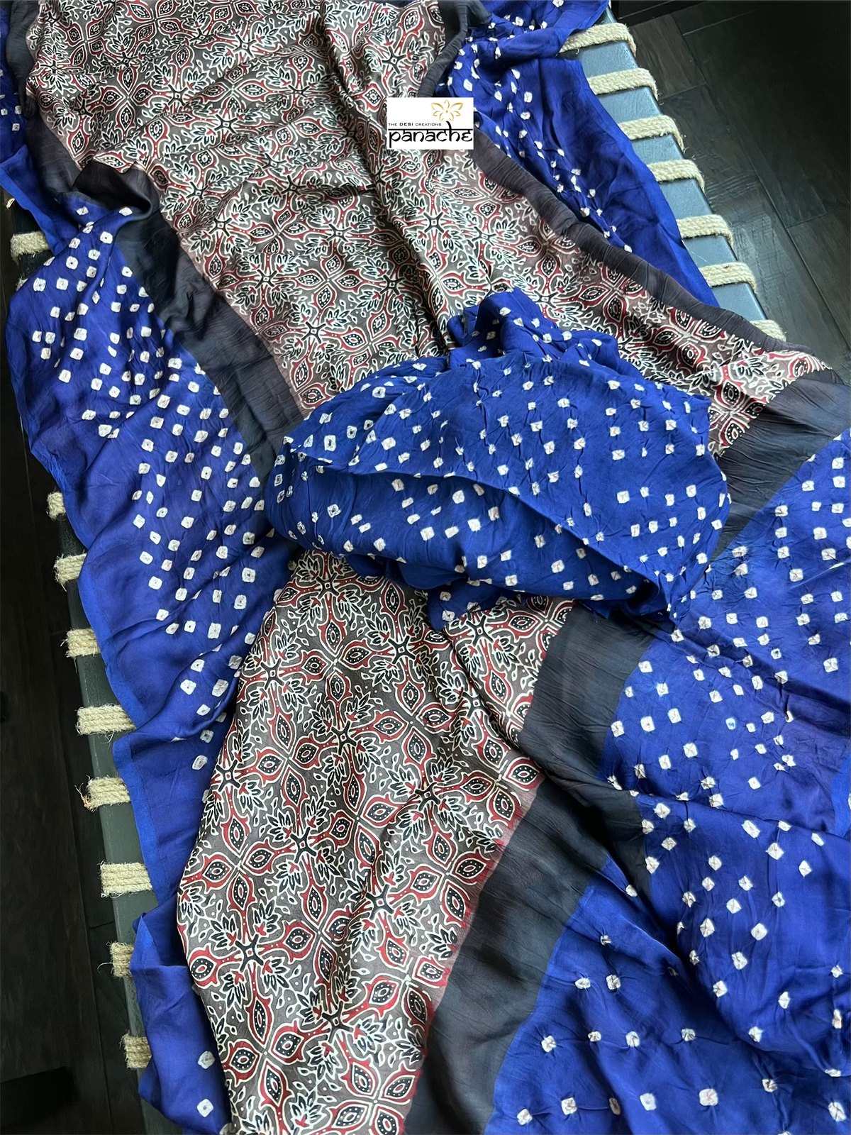 Modal Silk Ajrakh Bandhej - Mocha Brown Blue