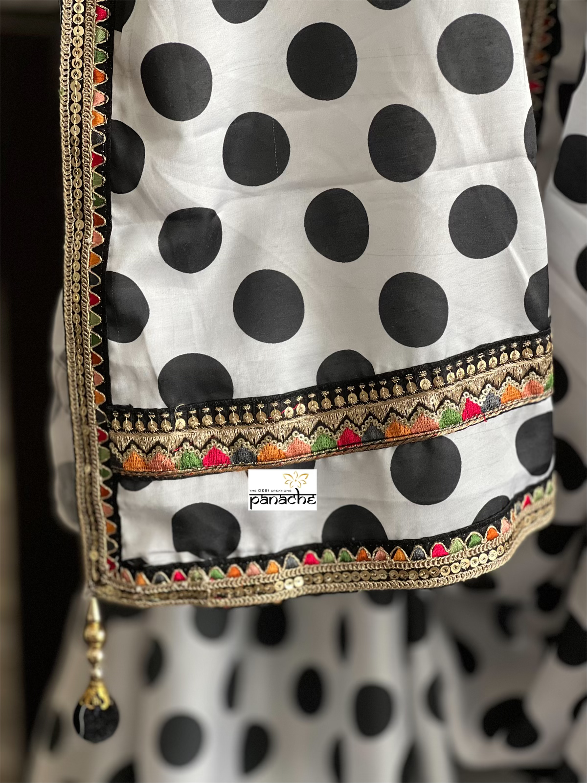 Designer Saree Blouse - White Black Polka Dot