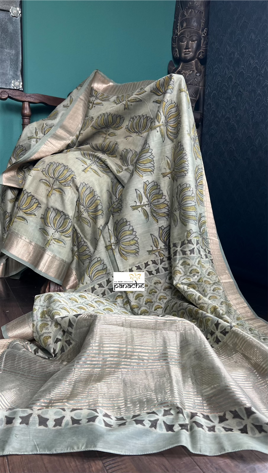 Pure Maheshwari Silk Mud Print - Light Moss Green lotus