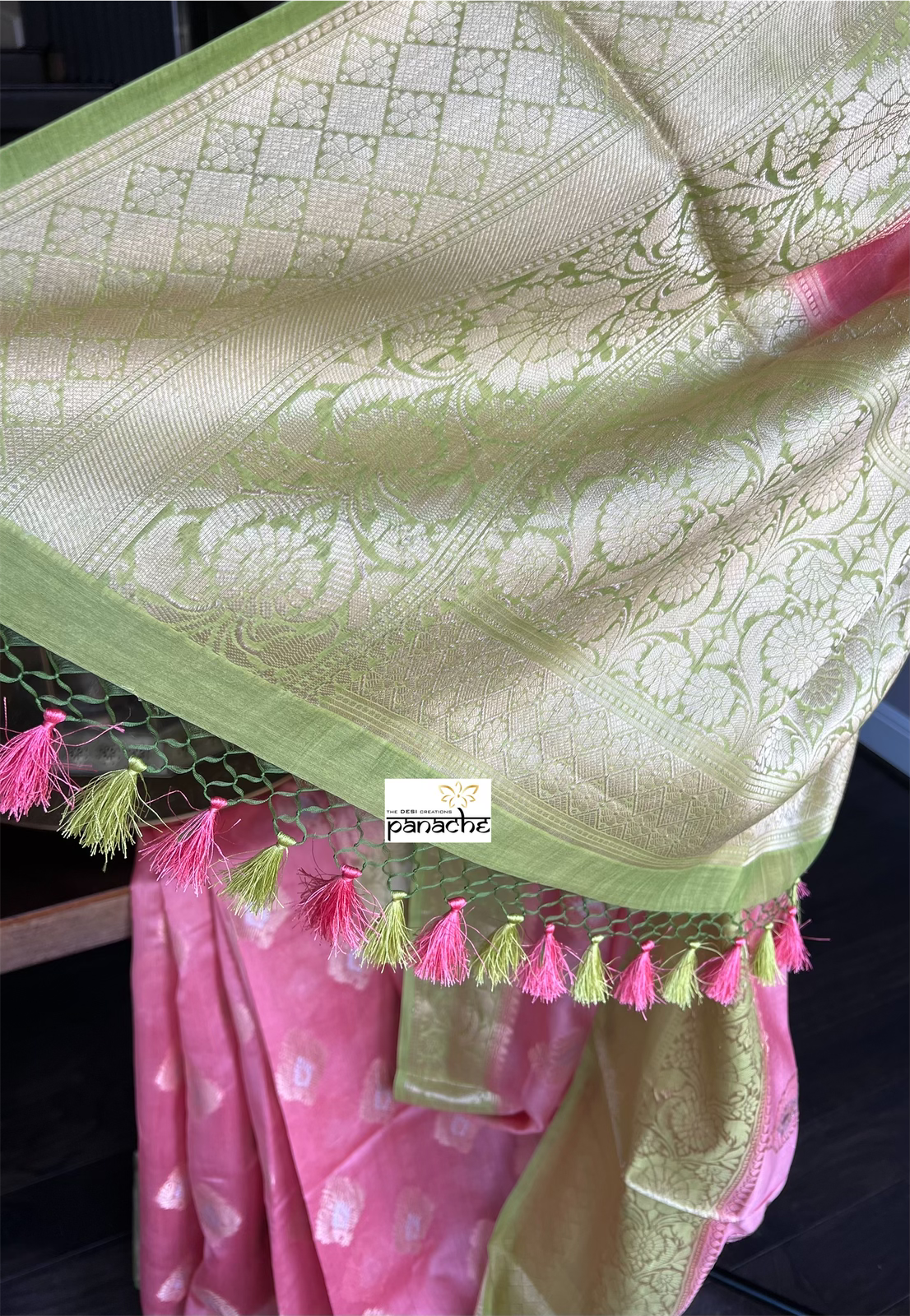 Mulmul Tissue Cotton Banarasi - Pink Green Golden Zari