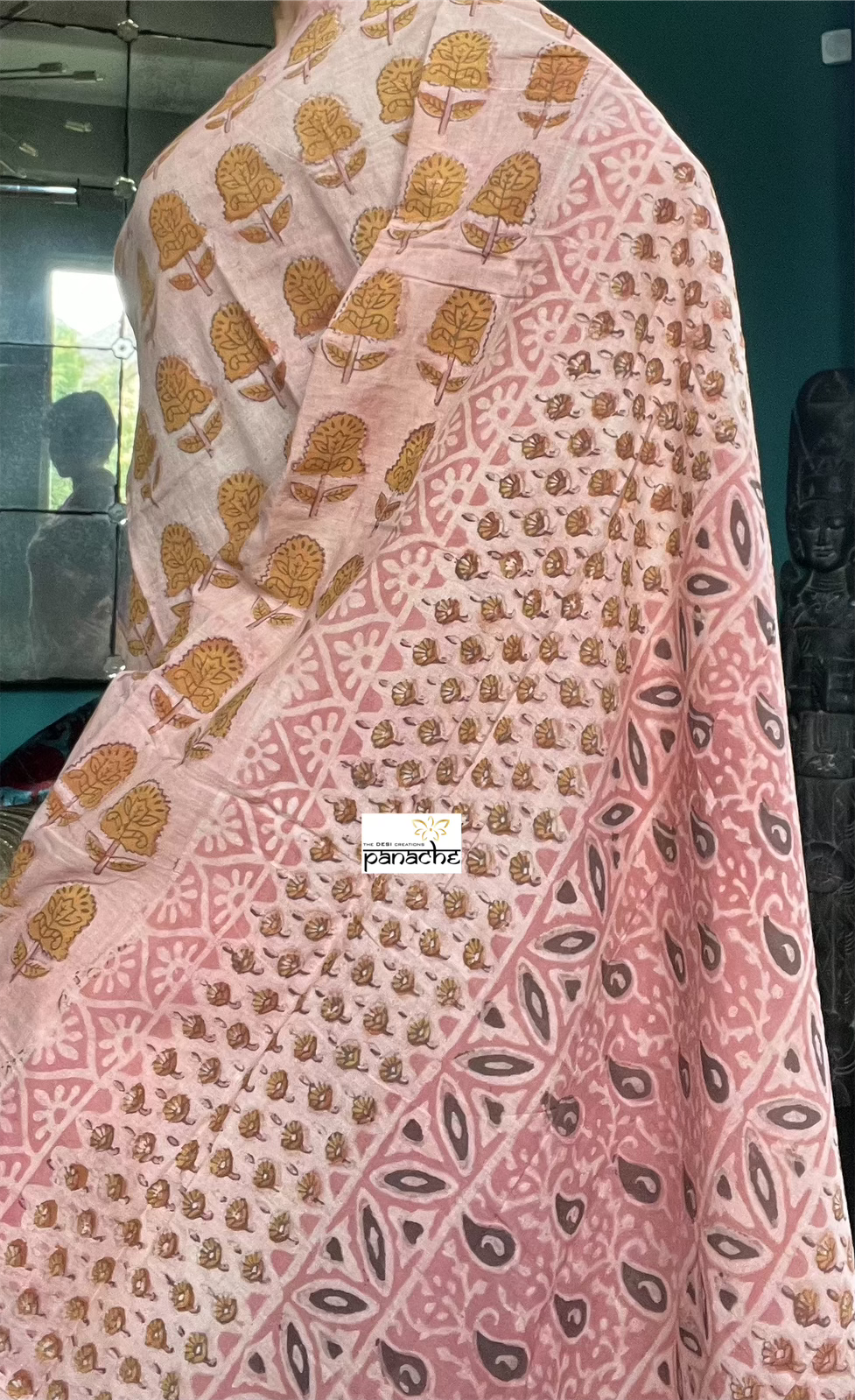 Pure Mul Cotton Mud Print - Light Peach Pink Green lotus