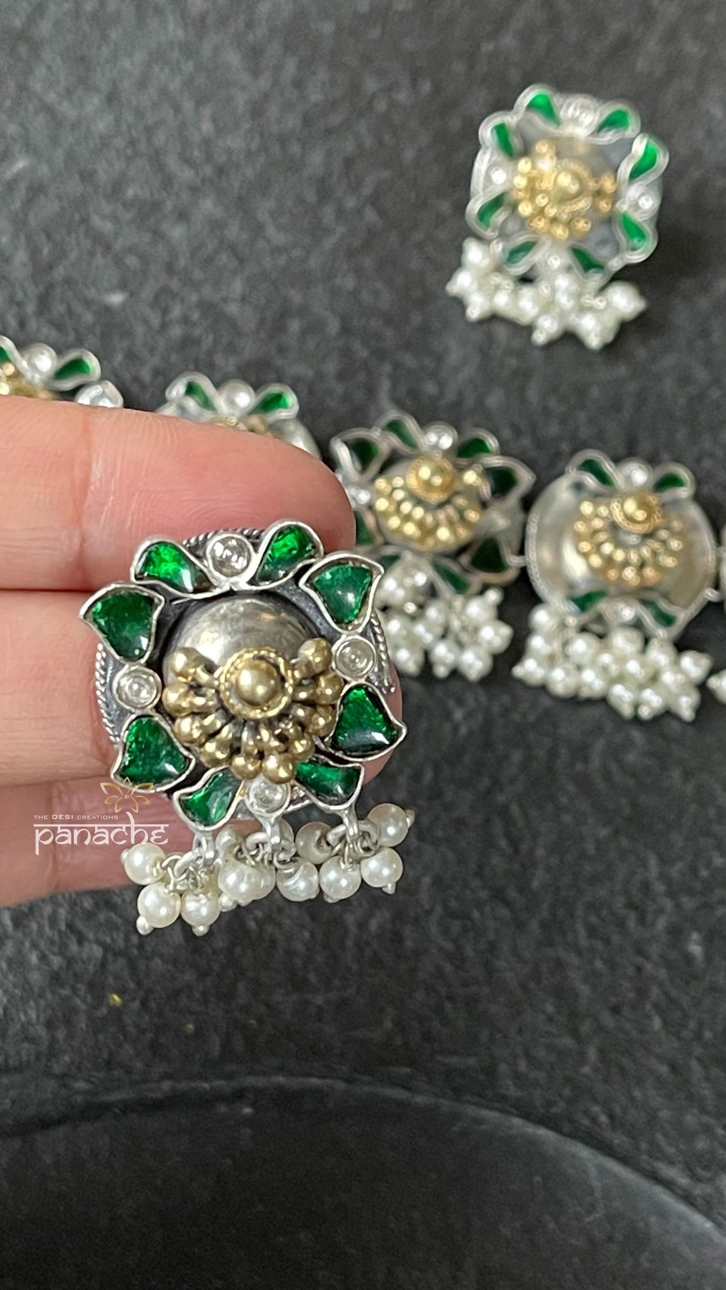 Silver 925 Choker Earring Set - Green Kundan