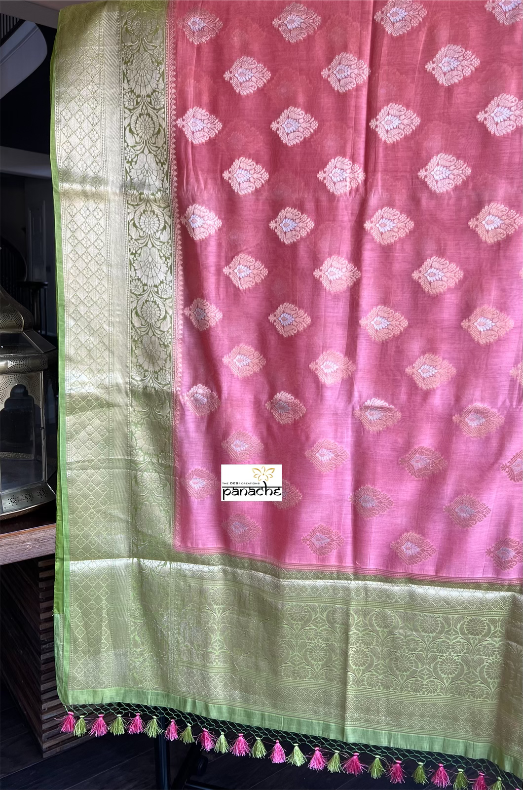 Mulmul Tissue Cotton Banarasi - Pink Green Golden Zari
