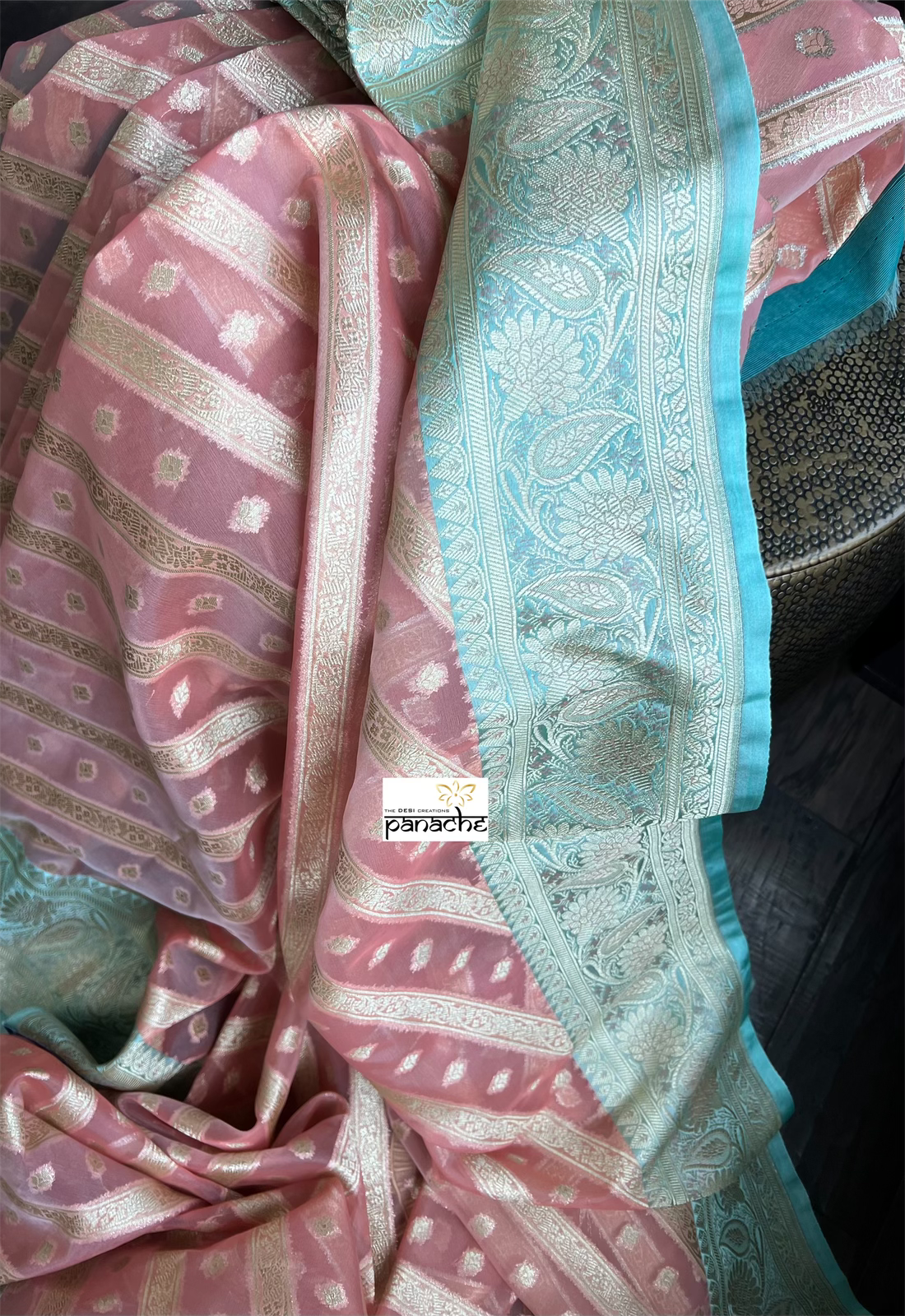 Kora Silk Banaras Chanderi - Peach Sea-Green