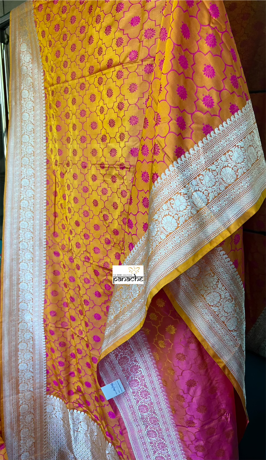 Pure Silk Mashru Silk Banarasi- Mustard Yellow Pink