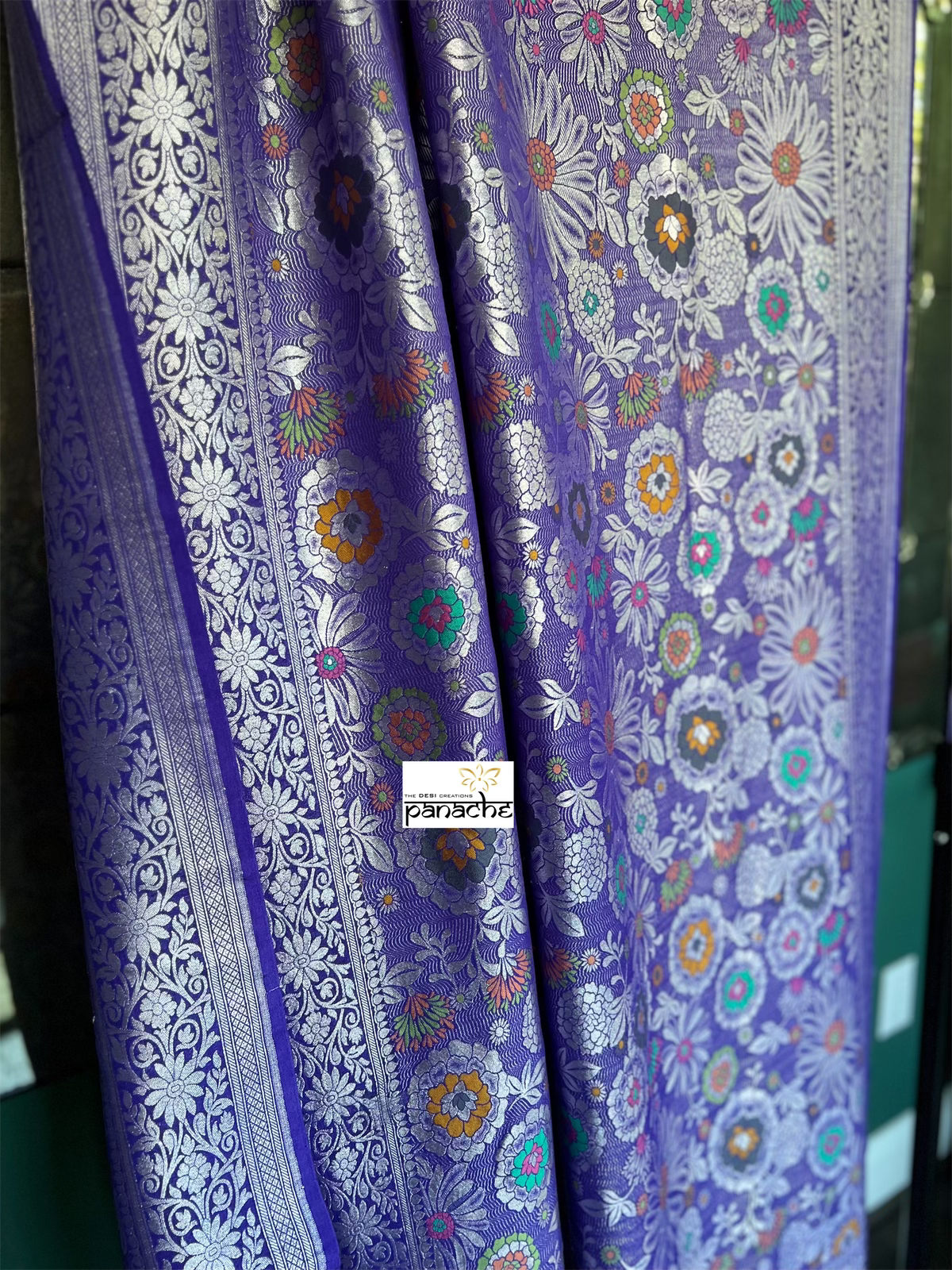 Tussar Georgette Banarasi - Purplish Blue Multi Meenakari