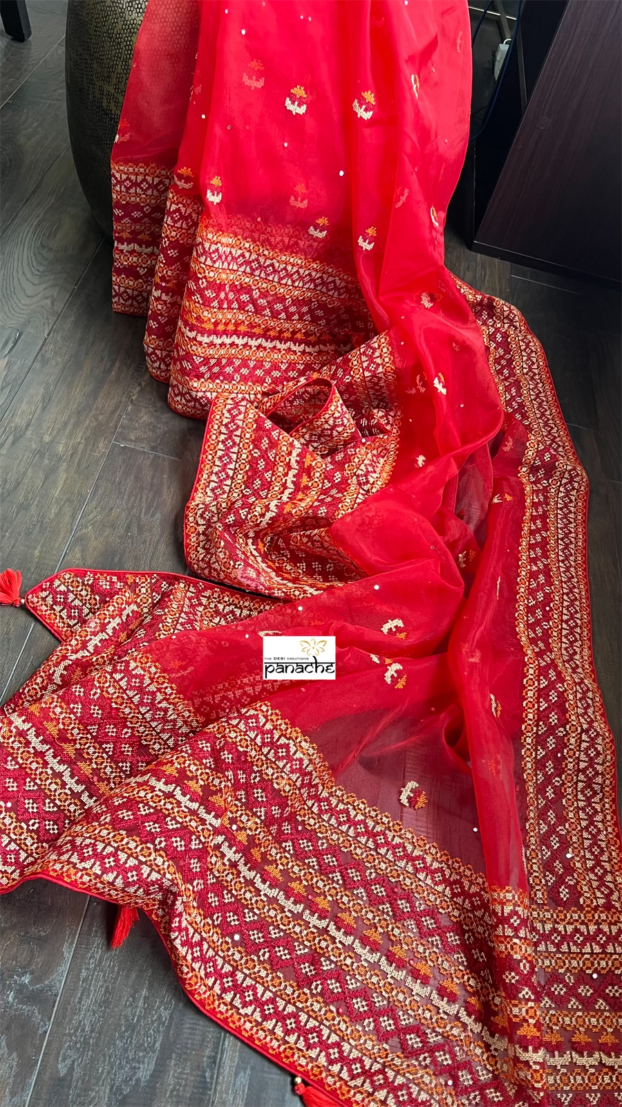 Designer Organza - Red Gujarati Stitch