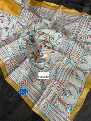 Pure Tussar Silk Kantha Stitch -  Yellow Fish