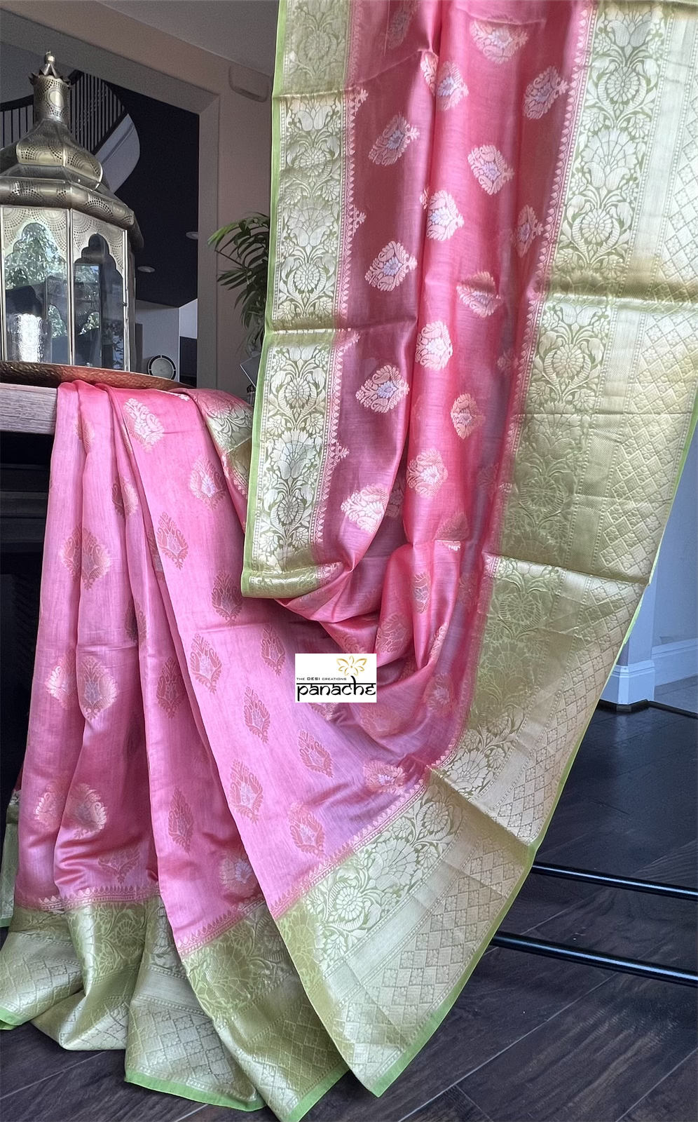 Mulmul Tissue Cotton Banarasi - Pink Green Golden Zari