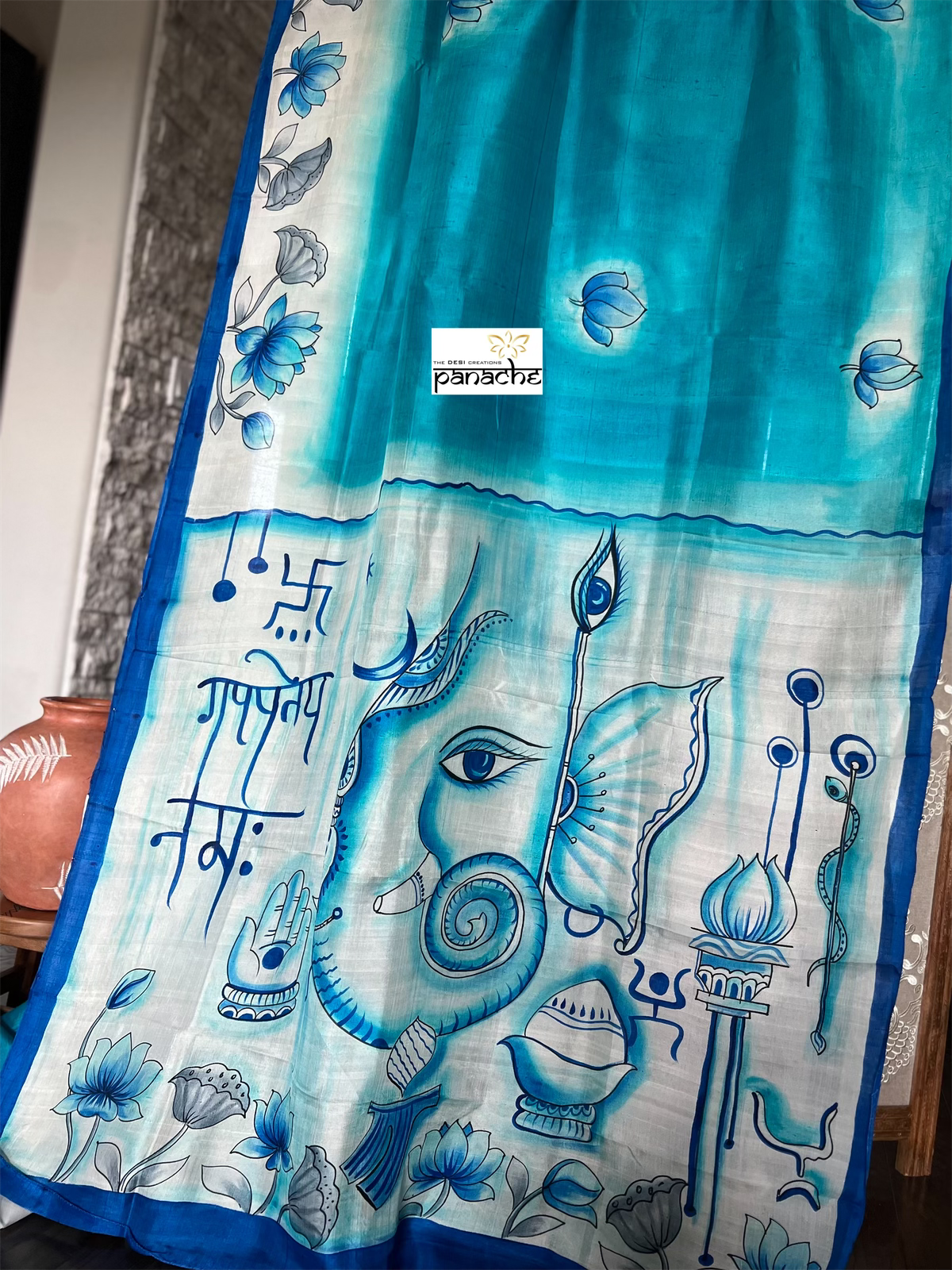 Hand Painted Tussar Silk - Firozi Blue Ganesha