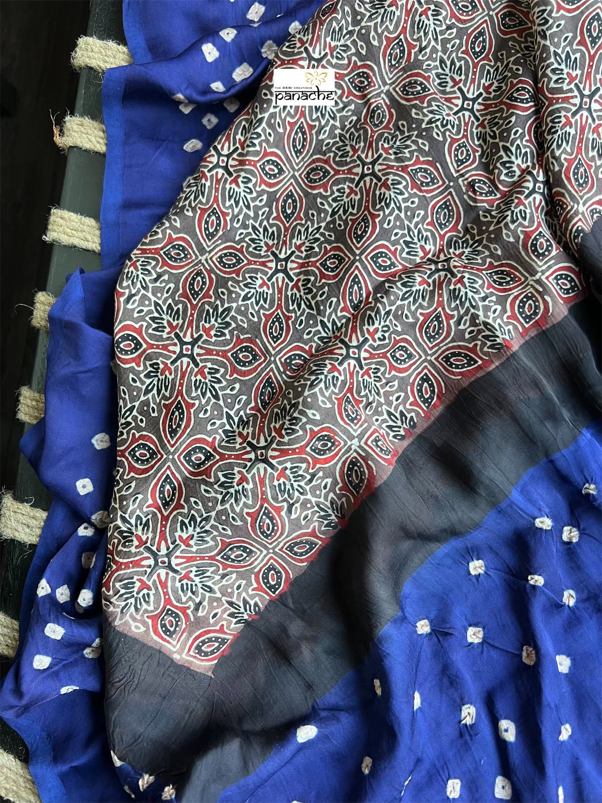 Modal Silk Ajrakh Bandhej - Mocha Brown Blue