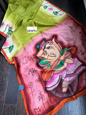 Hand Painted Tussar Silk - Mehendi Green Ganesha