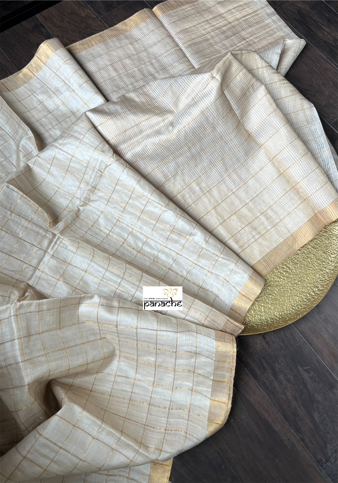 Tussar Silk - Beige Golden Zari checks