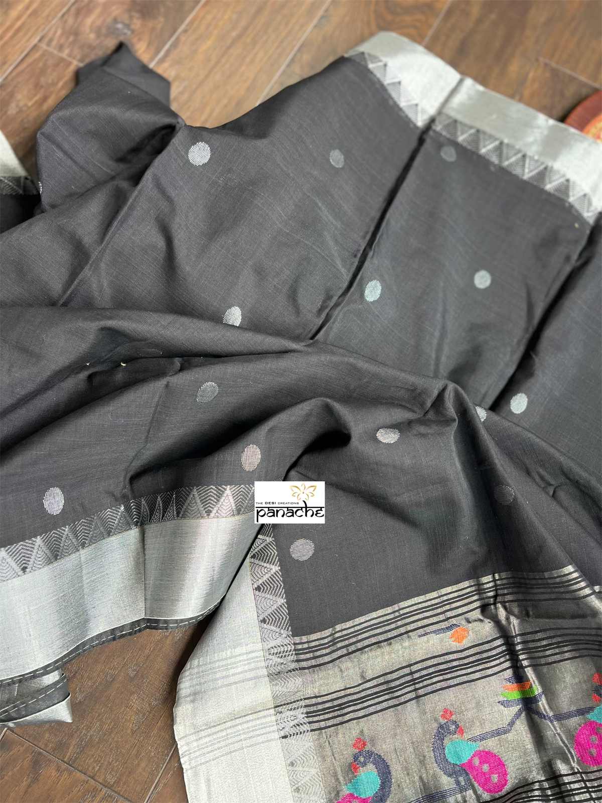 Cotton Paithani Saree - Black Silver Zari