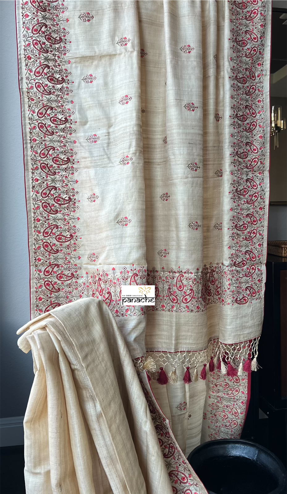 Embroidered Tussar Silk - Beige Red Paisley