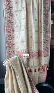 Embroidered Tussar Silk - Beige Red Paisley