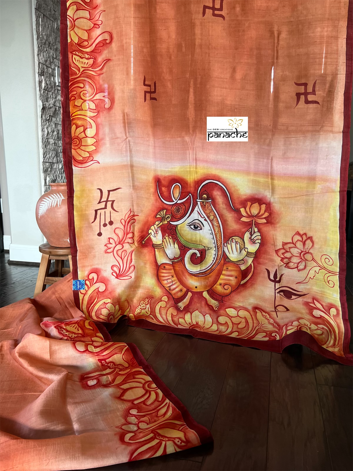 Hand Painted Tussar Silk - Rust Ganesha