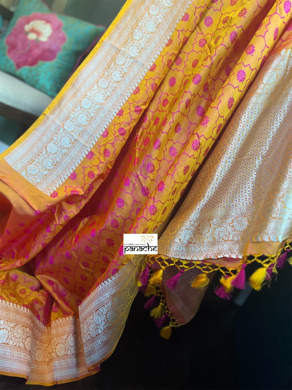 Pure Silk Mashru Silk Banarasi- Mustard Yellow Pink