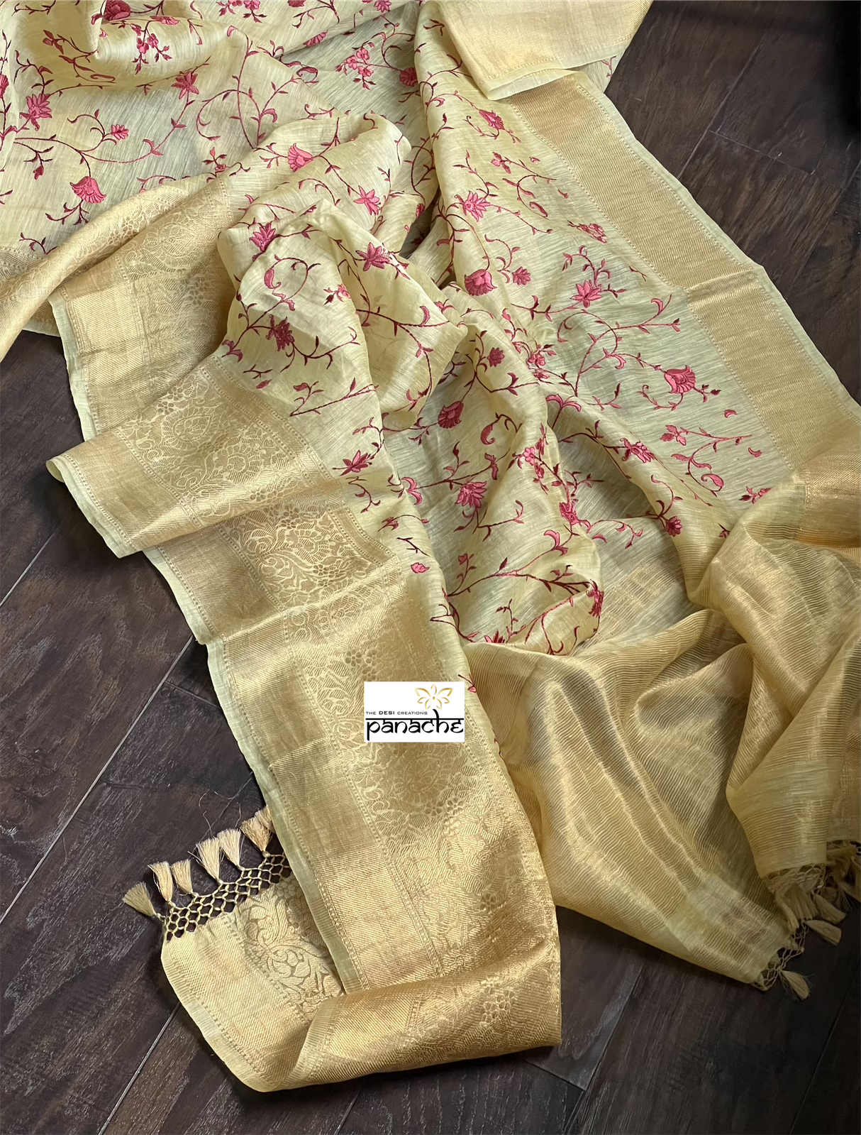 Embroidered Linen Silk Banarasi- Light Greenish Yellow