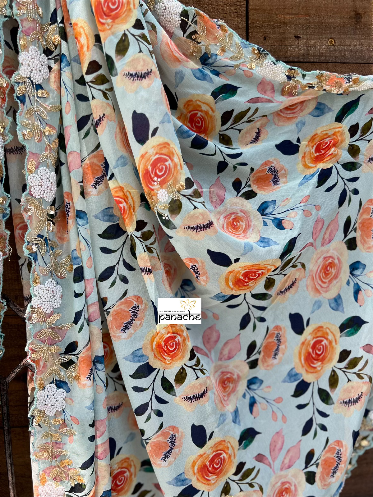 Designer Crepe Georgette Floral - Light Blue Rose