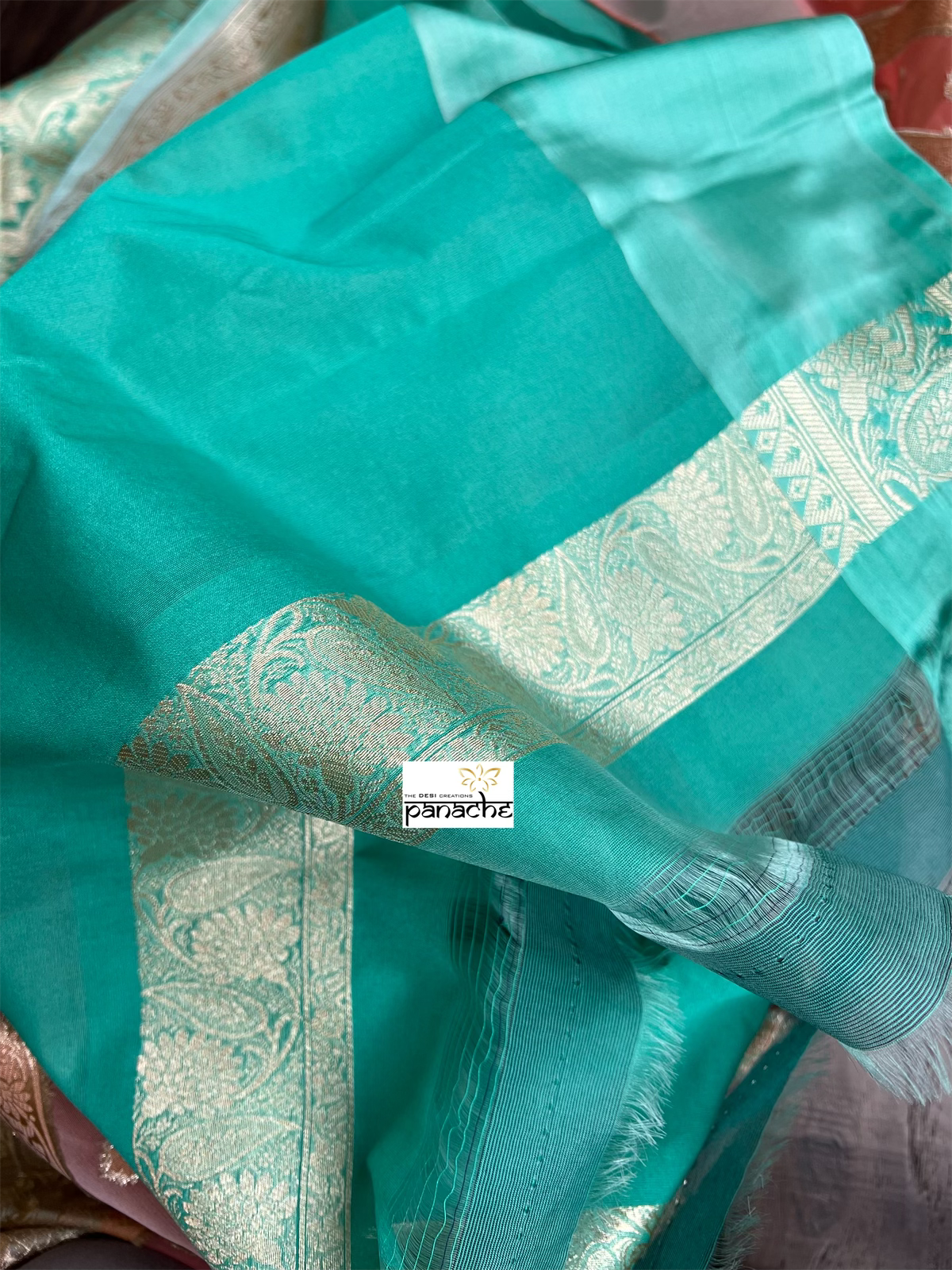 Kora Silk Banaras Chanderi - Peach Sea-Green