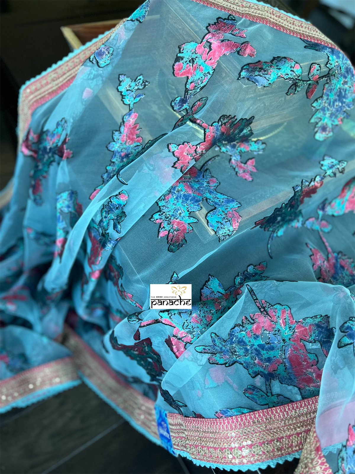 Designer Organza Satin Floral - Light Blue Peach