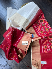 Pure Raw Silk Sambalpuri ikat  - Off-White Red