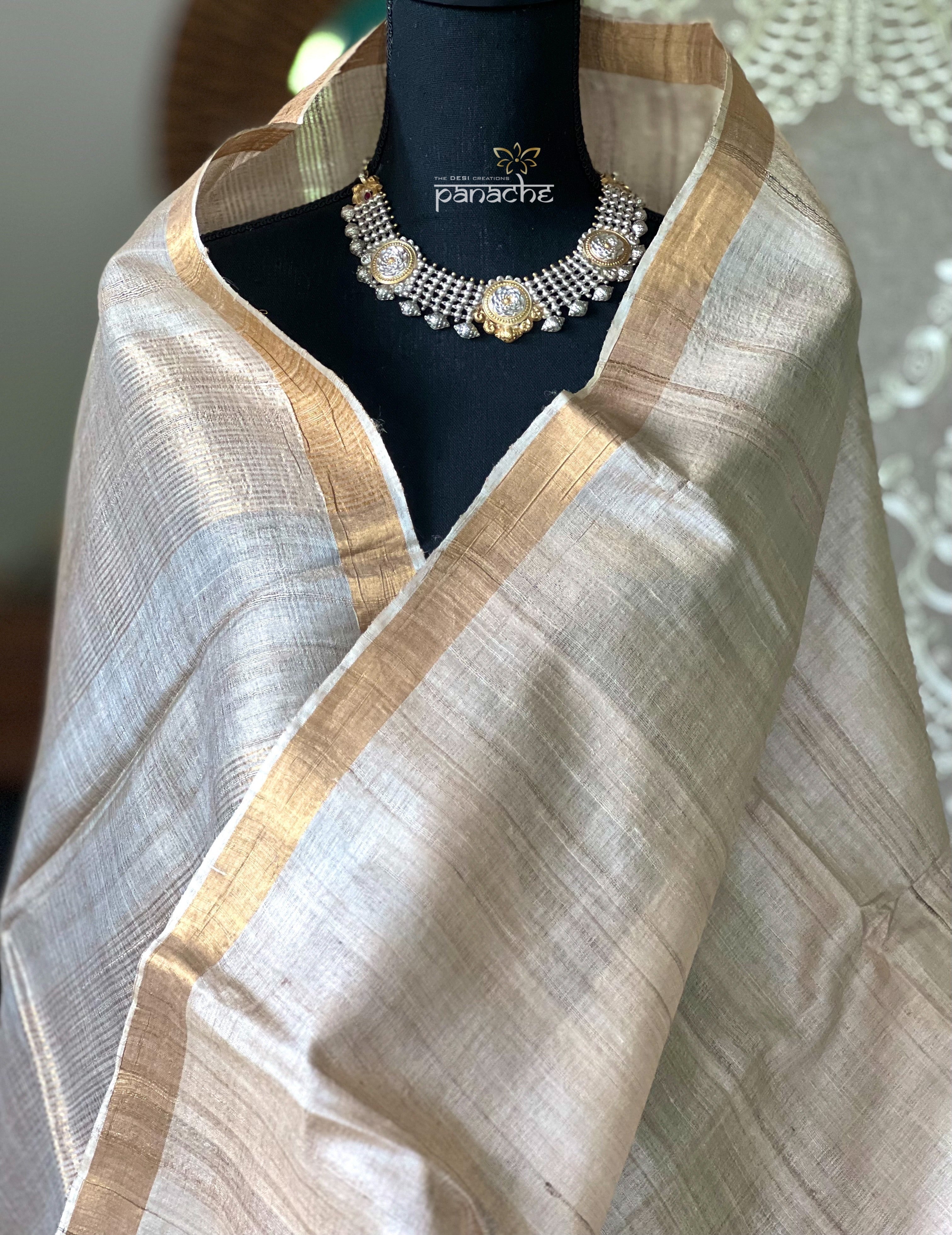 Tussar Silk - Beige Golden Zari