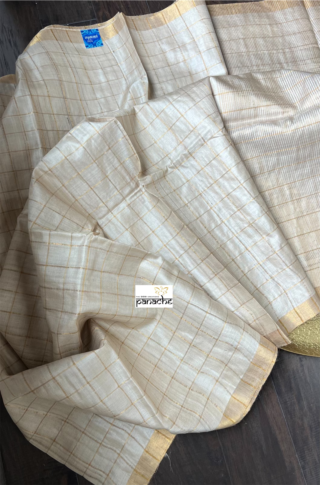 Tussar Silk - Beige Golden Zari checks