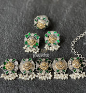 Silver 925 Choker Earring Set - Green Kundan