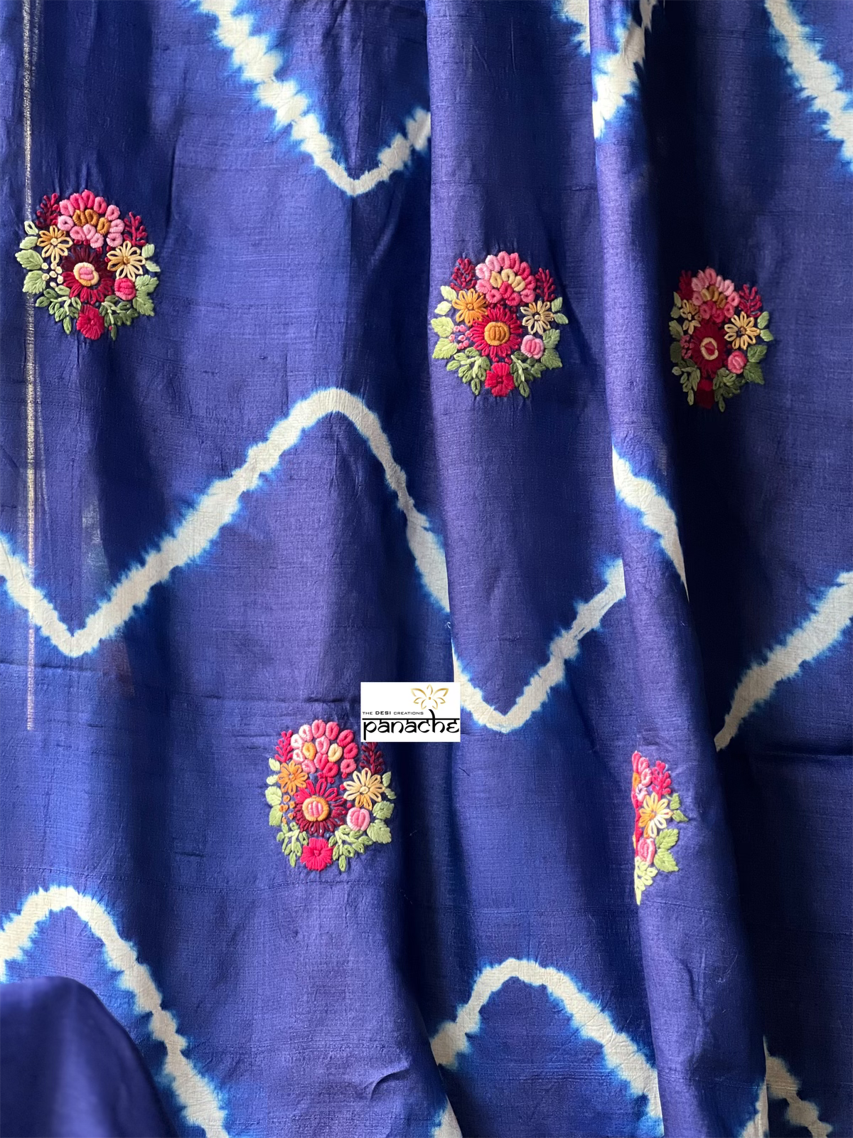 Pure Tussar Silk - Royal Blue Embroidered